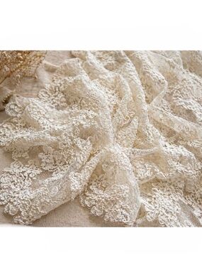 Vintage Ivory Embroidered Tulle Lace Fabric Floral Schiffli Bridal Lace Yardage